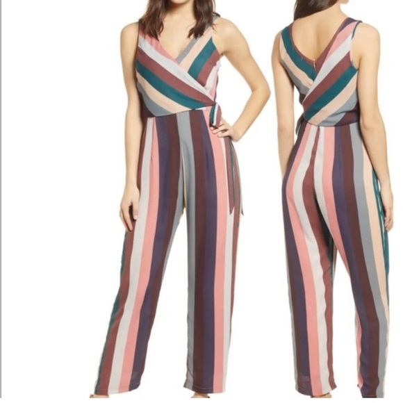 Lulus NWT Pink Burgundy Turquoise Bold Stripe Pantsuit Jumpsuit Size Small - Picture 1 of 10